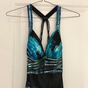 Evening dress, bright blues, sequins and low back